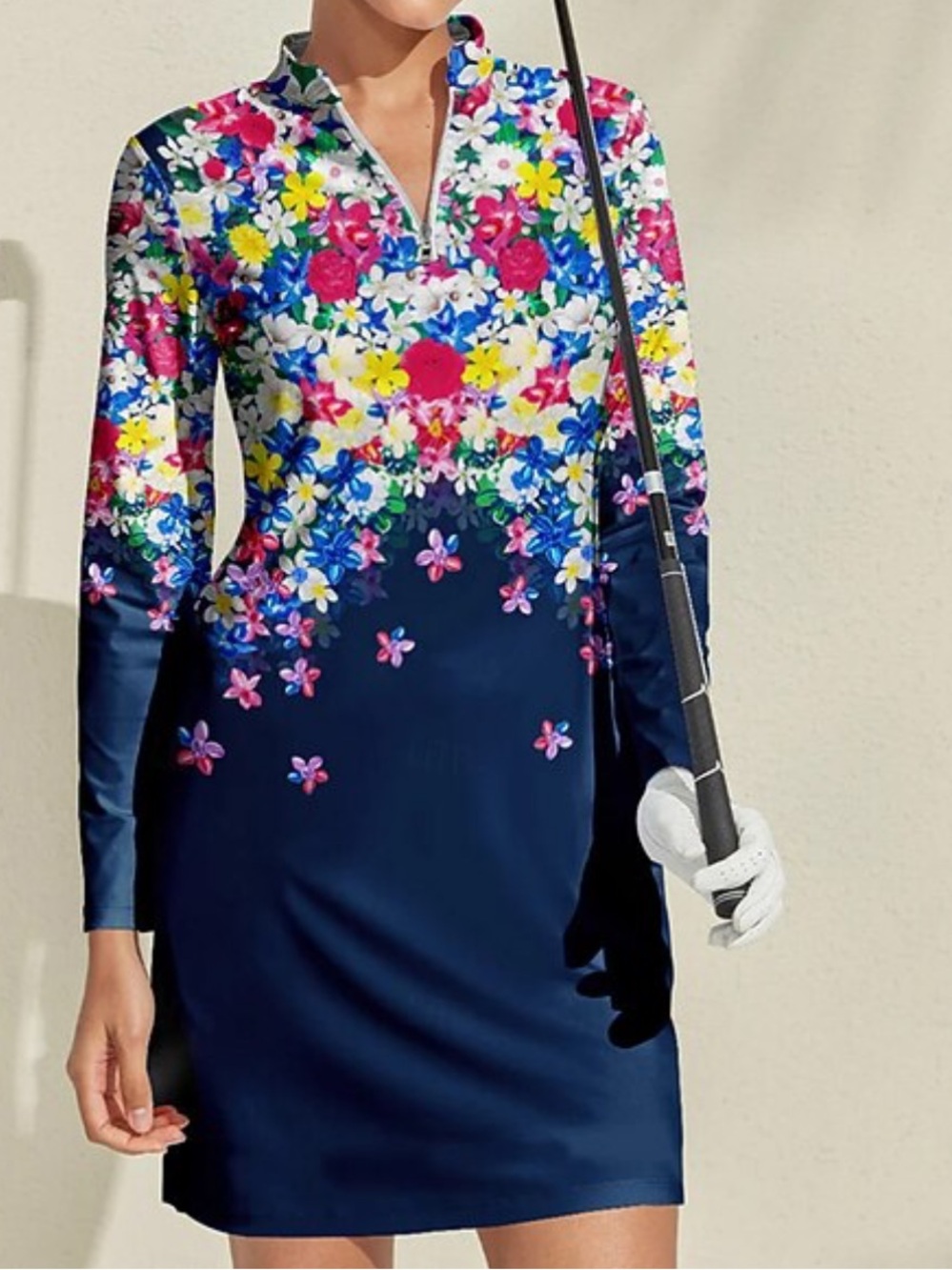NWOT ACEGOLFS long-sleeve golf dress botanical floral navy size large MSRP $110